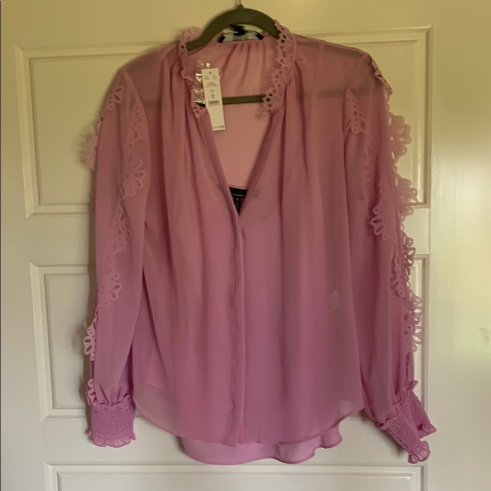 White House Black Market Pink Ruffled Mandarin Collar Blouse